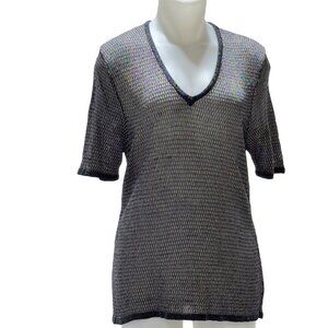EMANUEL UNGARO Women’s Top Gray Metallic Semi Sheer Rayon V Neck Size L Vintage
